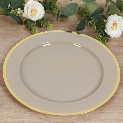 10 Pack Taupe Economy Plastic Charger Plates With Gold Rim, 12" Round Dinner Chargers Event Tabletop Decor - Bell Racket Store
