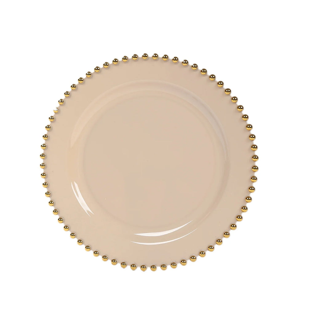 10 - Pack Taupe Plastic Dessert Plates â€“ 8" Round with Gold Beaded Rim, Disposable for Parties & Events - Bell Racket Store