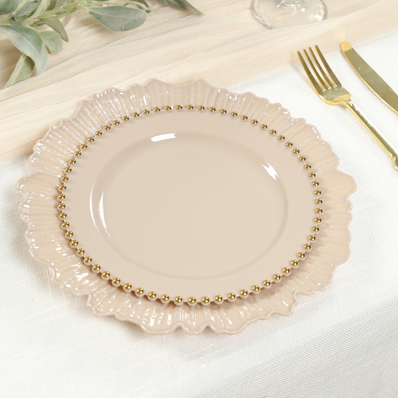 10 - Pack Taupe Plastic Dessert Plates â€“ 8" Round with Gold Beaded Rim, Disposable for Parties & Events - Bell Racket Store
