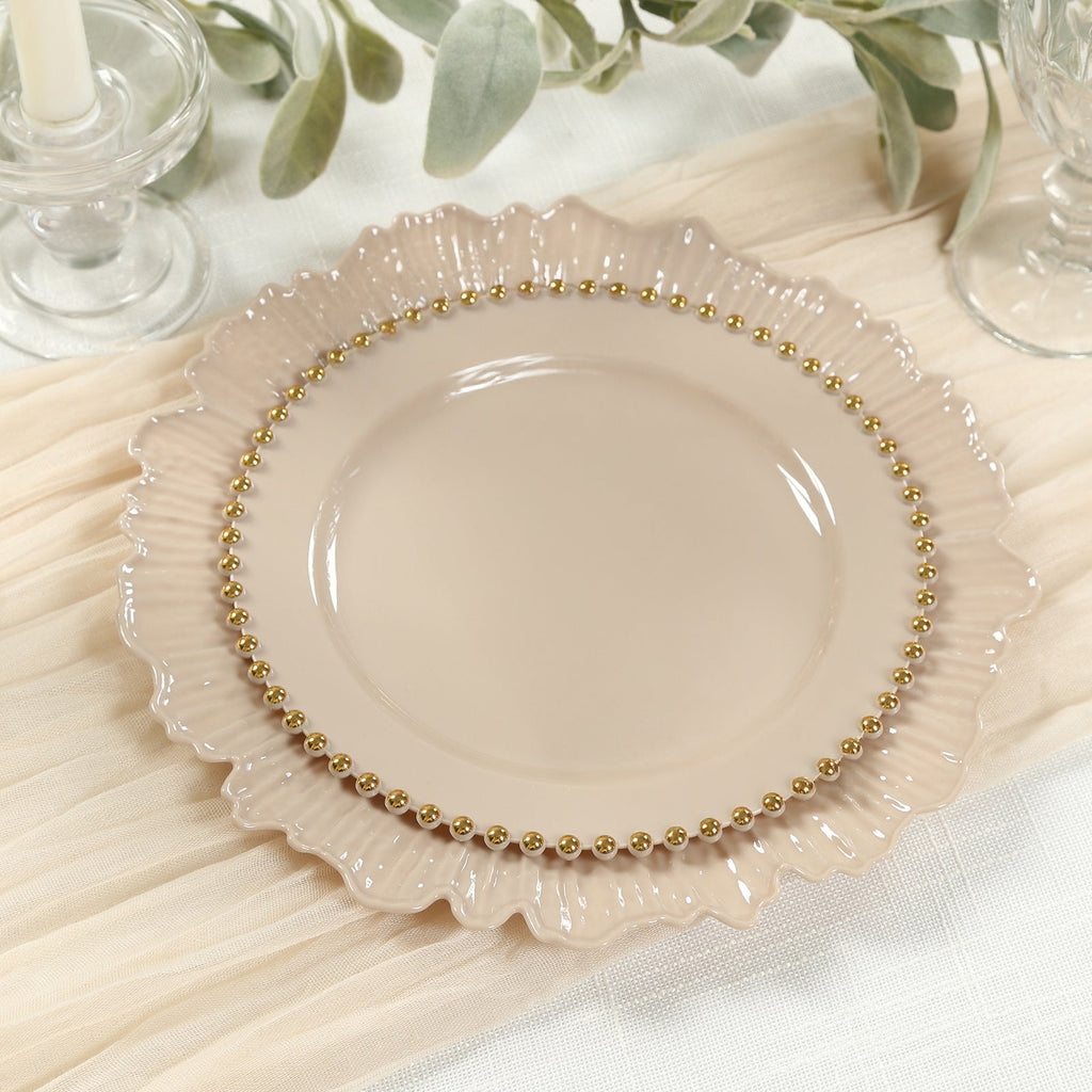 10 - Pack Taupe Plastic Dessert Plates â€“ 8" Round with Gold Beaded Rim, Disposable for Parties & Events - Bell Racket Store