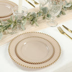 10 - Pack Taupe Plastic Dessert Plates â€“ 8" Round with Gold Beaded Rim, Disposable for Parties & Events - Bell Racket Store
