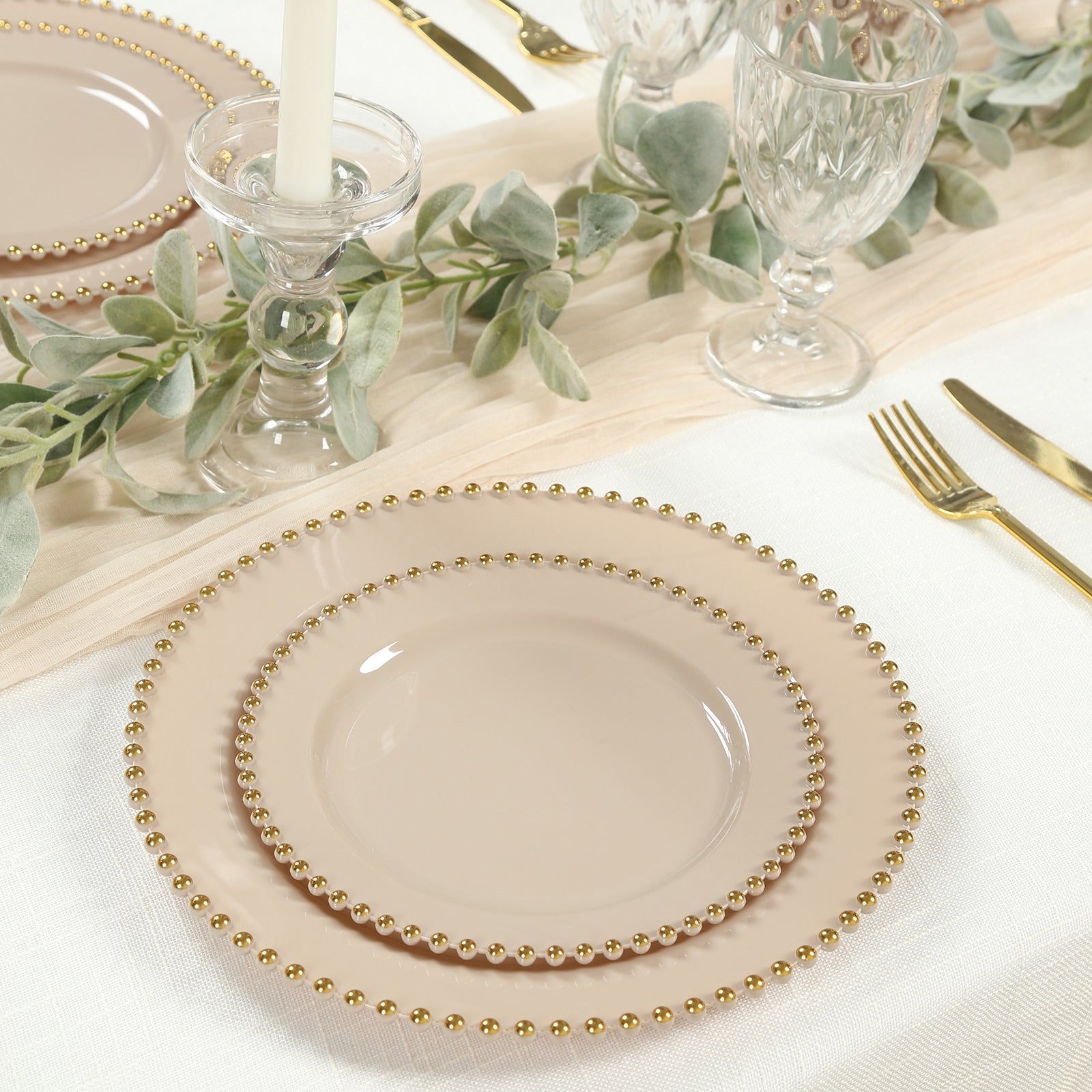 10 - Pack Taupe Plastic Dessert Plates â€“ 8" Round with Gold Beaded Rim, Disposable for Parties & Events - Bell Racket Store