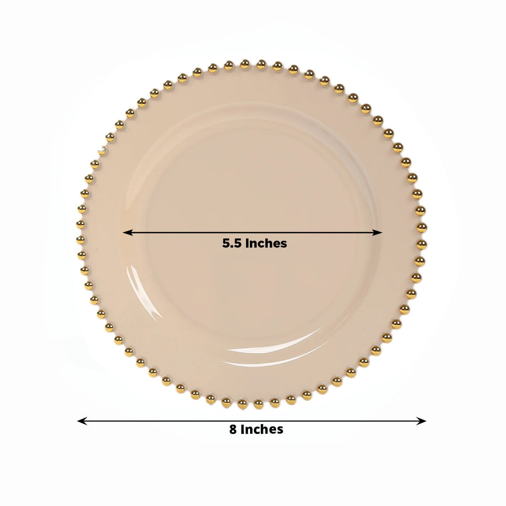 10 - Pack Taupe Plastic Dessert Plates â€“ 8" Round with Gold Beaded Rim, Disposable for Parties & Events - Bell Racket Store