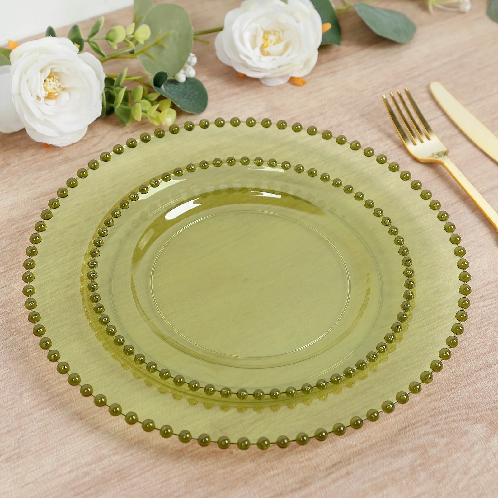10 - Pack Transparent Dusty Sage Green Plastic Dessert Plates â€“ 8" Round with Beaded Rim, Disposable for Parties & Events - Bell Racket Store