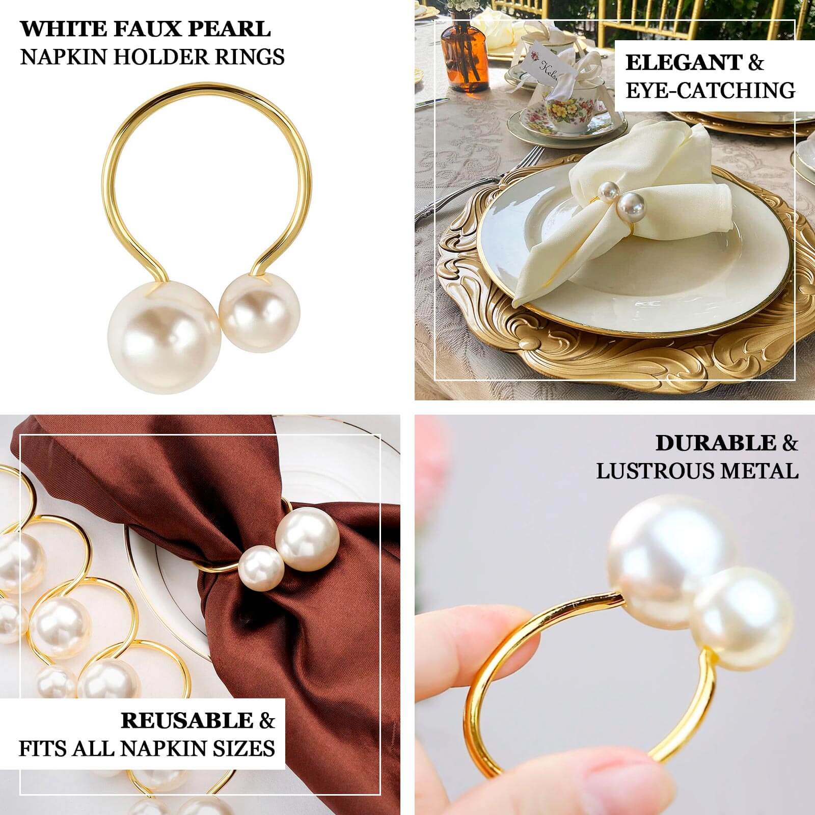 10 Pack White Pearl Gold Metal Napkin Holders Dining Table Decor, Elegant Round Wedding Napkin Rings - 2.5" - Bell Racket Store