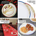10 Pack White With Red Rim 10" Plastic Dinner Plates, Round With Gold Vine Design - Bell Racket Store