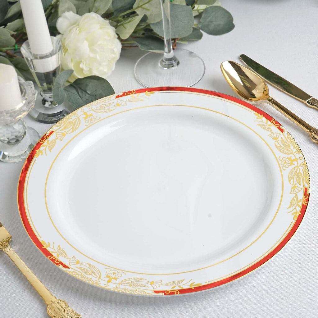 10 Pack White With Red Rim 10" Plastic Dinner Plates, Round With Gold Vine Design - Bell Racket Store