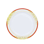10 Pack White With Red Rim 10" Plastic Dinner Plates, Round With Gold Vine Design - Bell Racket Store