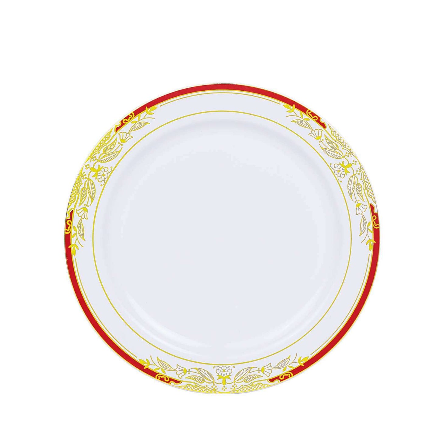 10 Pack White With Red Rim 10" Plastic Dinner Plates, Round With Gold Vine Design - Bell Racket Store