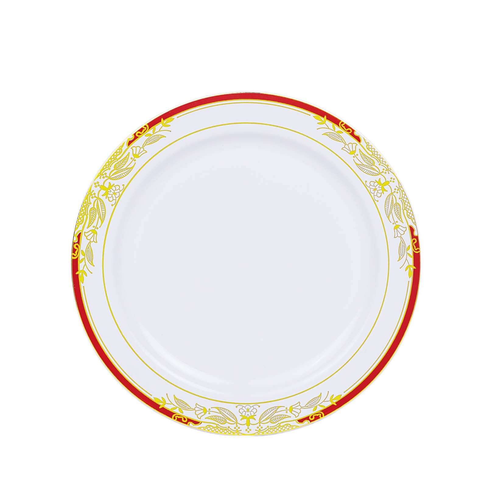 10 Pack White With Red Rim 10" Plastic Dinner Plates, Round With Gold Vine Design - Bell Racket Store