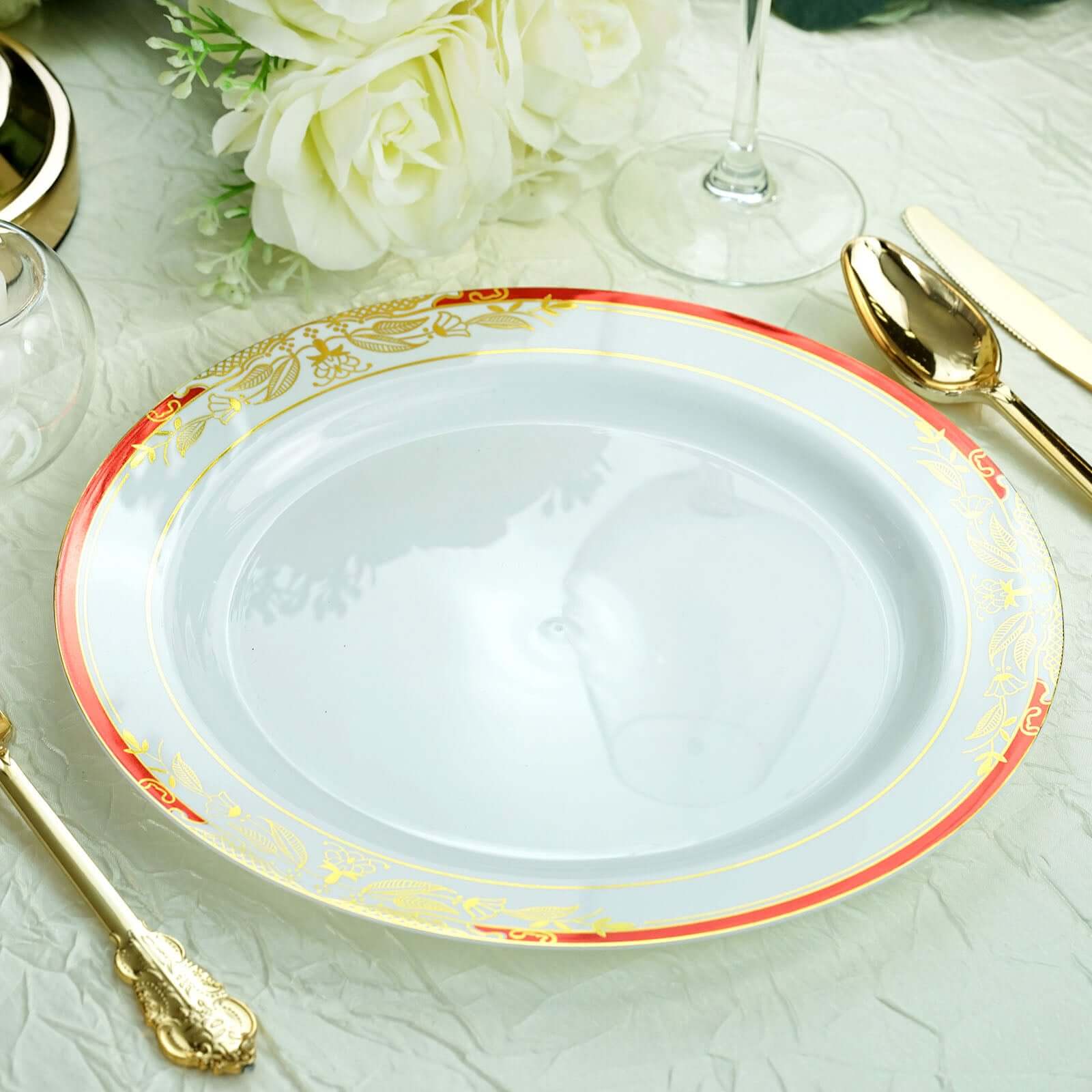 10 Pack White With Red Rim 10" Plastic Dinner Plates, Round With Gold Vine Design - Bell Racket Store