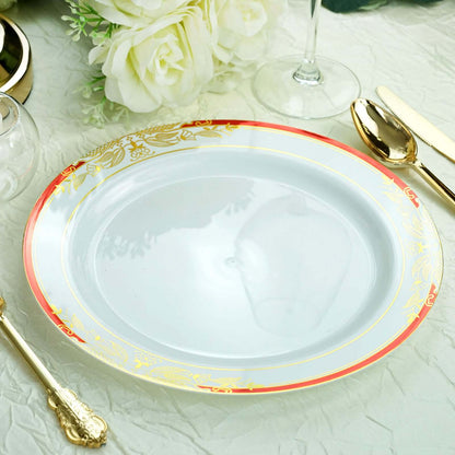 10 Pack White With Red Rim 10" Plastic Dinner Plates, Round With Gold Vine Design - Bell Racket Store