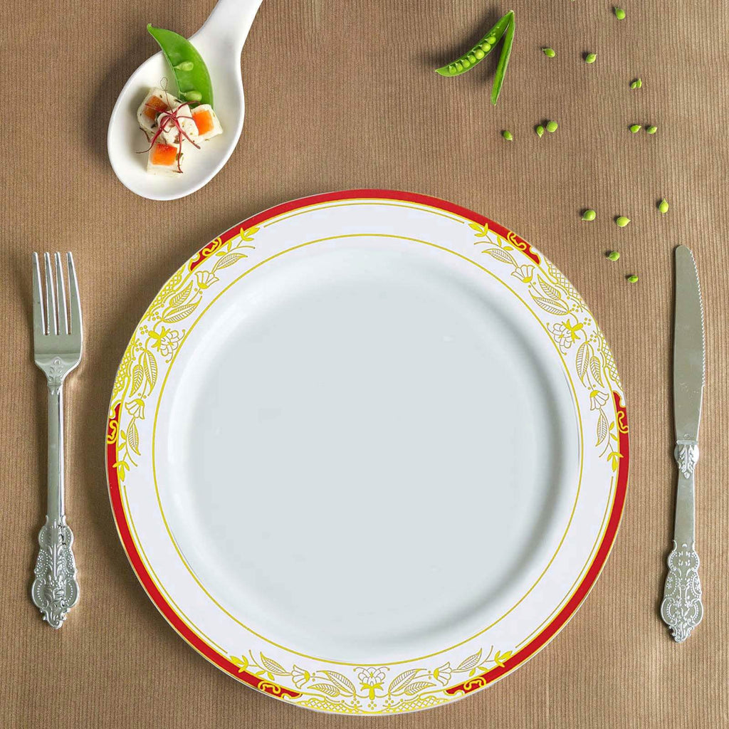 10 Pack White With Red Rim 10" Plastic Dinner Plates, Round With Gold Vine Design - Bell Racket Store