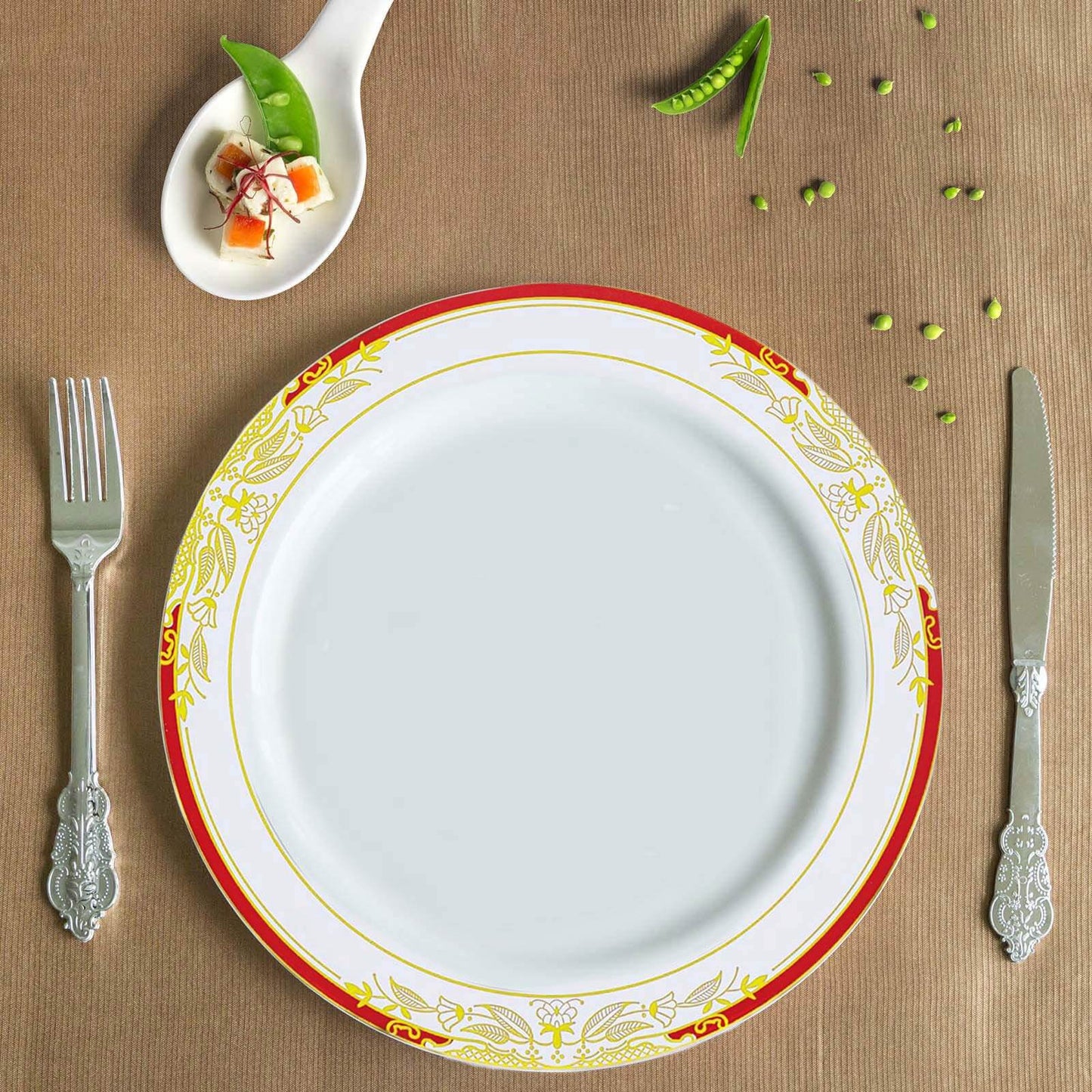 10 Pack White With Red Rim 10" Plastic Dinner Plates, Round With Gold Vine Design - Bell Racket Store