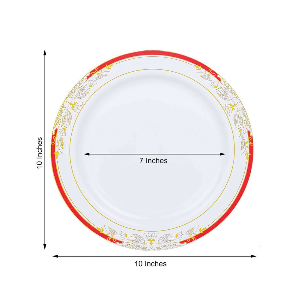 10 Pack White With Red Rim 10" Plastic Dinner Plates, Round With Gold Vine Design - Bell Racket Store
