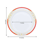 10 Pack White With Red Rim 10" Plastic Dinner Plates, Round With Gold Vine Design - Bell Racket Store