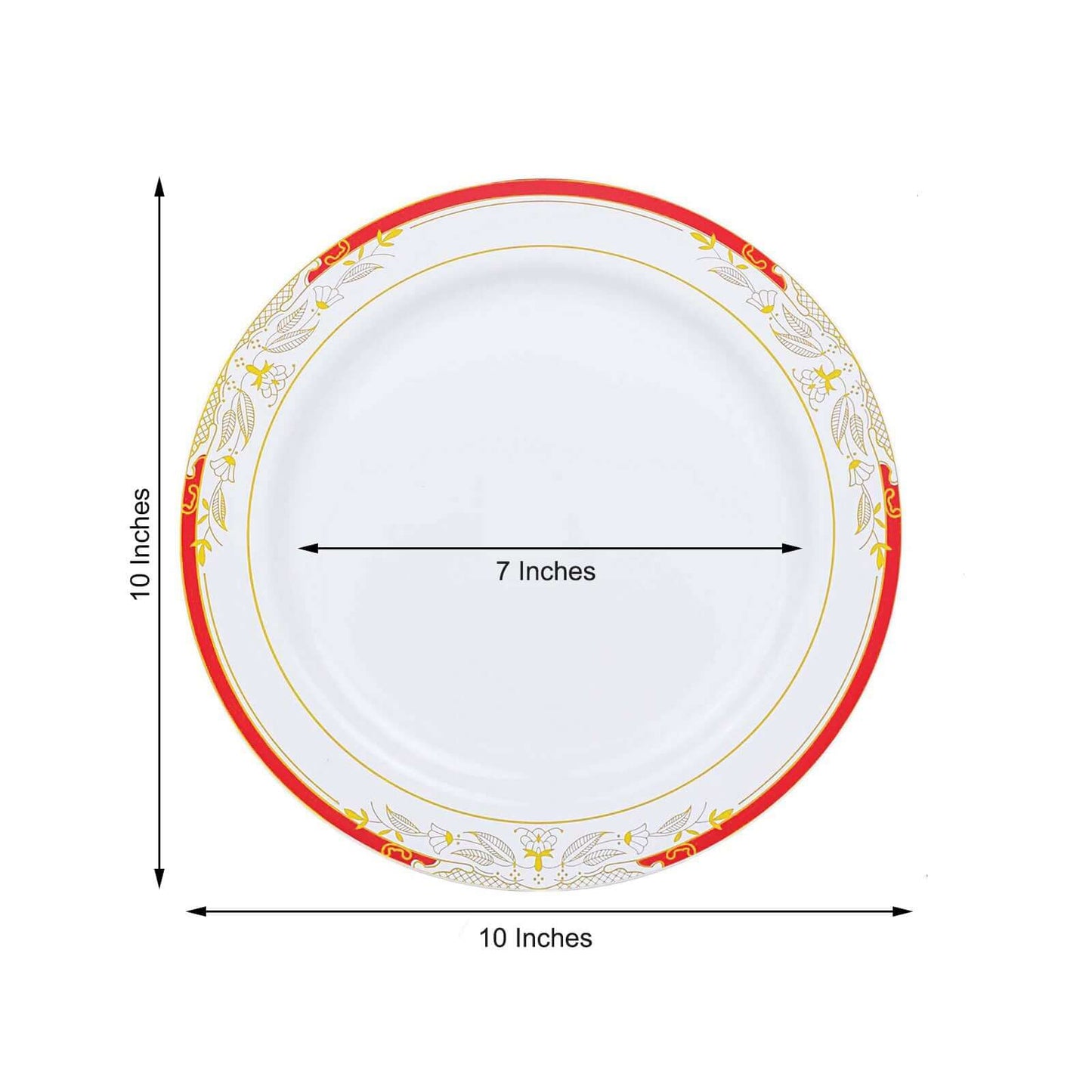 10 Pack White With Red Rim 10" Plastic Dinner Plates, Round With Gold Vine Design - Bell Racket Store