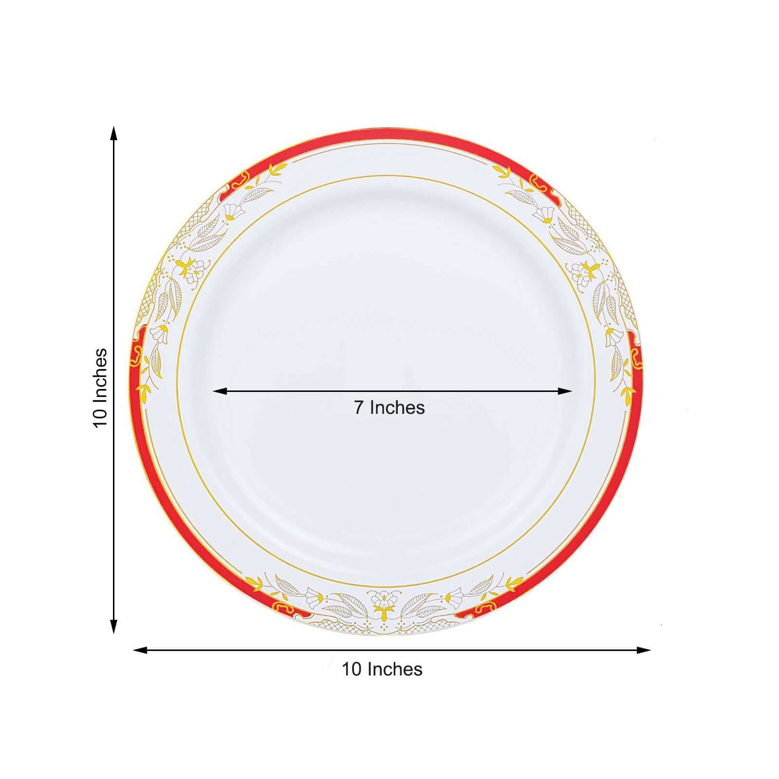 10 Pack White With Red Rim 10" Plastic Dinner Plates, Round With Gold Vine Design - Bell Racket Store