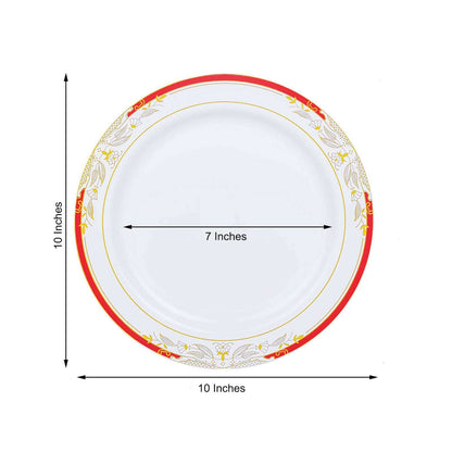 10 Pack White With Red Rim 10" Plastic Dinner Plates, Round With Gold Vine Design - Bell Racket Store