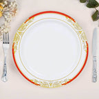 10 Pack White With Red Rim 10" Plastic Dinner Plates, Round With Gold Vine Design - Bell Racket Store