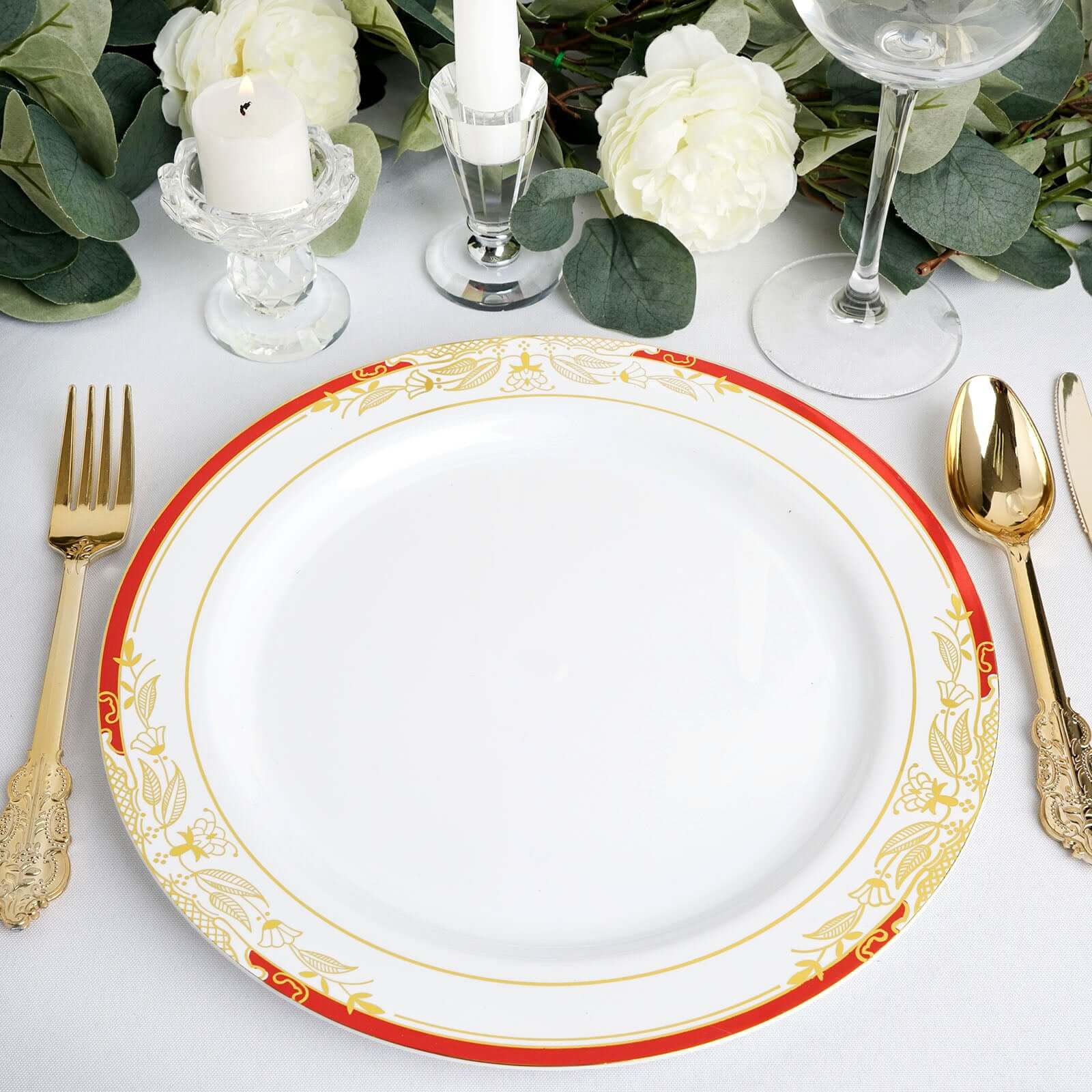10 Pack White With Red Rim 10" Plastic Dinner Plates, Round With Gold Vine Design - Bell Racket Store