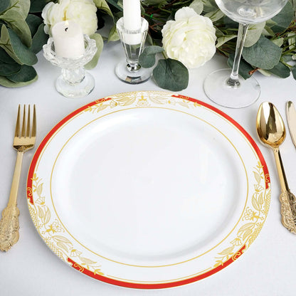 10 Pack White With Red Rim 10" Plastic Dinner Plates, Round With Gold Vine Design - Bell Racket Store