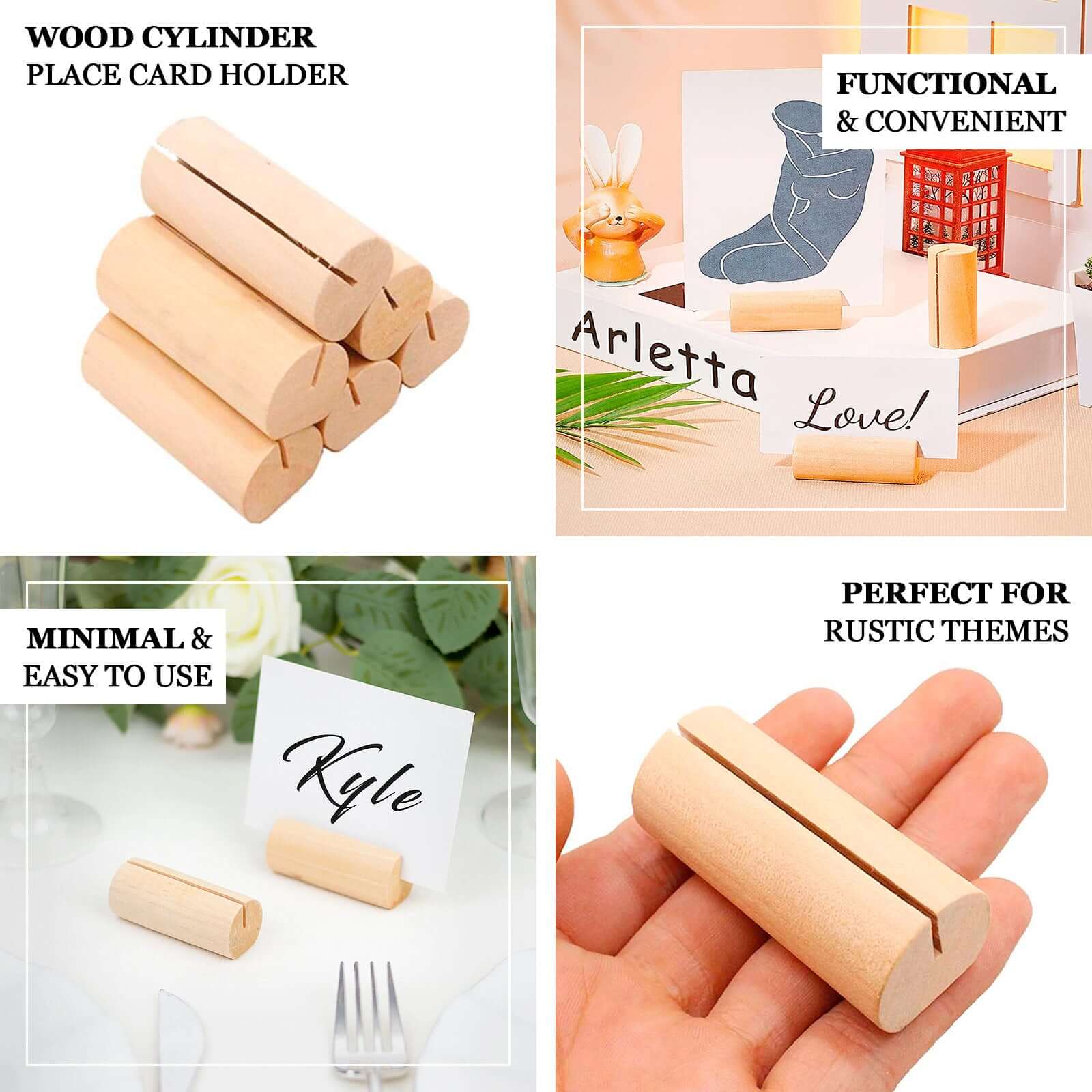 10 - Pack Wooden Place Card Holders Farmhouse Cylindrical Design Natural - Rustic Table Number Stands 2" - Bell Racket Store