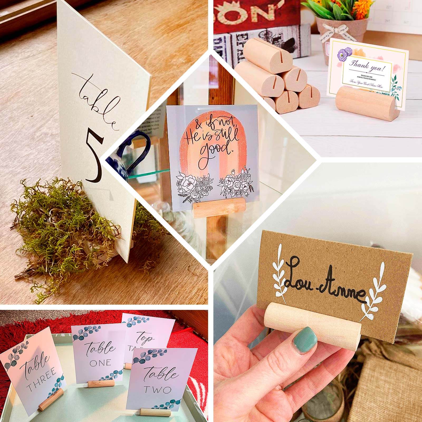 10 - Pack Wooden Place Card Holders Farmhouse Cylindrical Design Natural - Rustic Table Number Stands 2" - Bell Racket Store