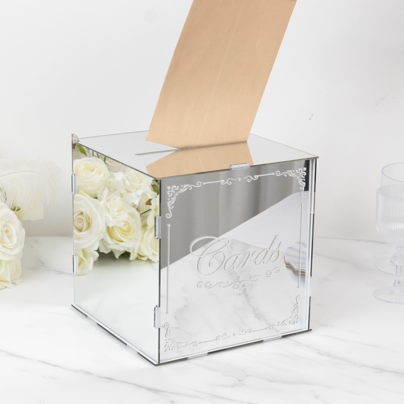 10" Silver Mirror Acrylic Wedding Card Box with Slot - Wishing Well Money Box for Reception, Graduation, and Events - Bell Racket Store