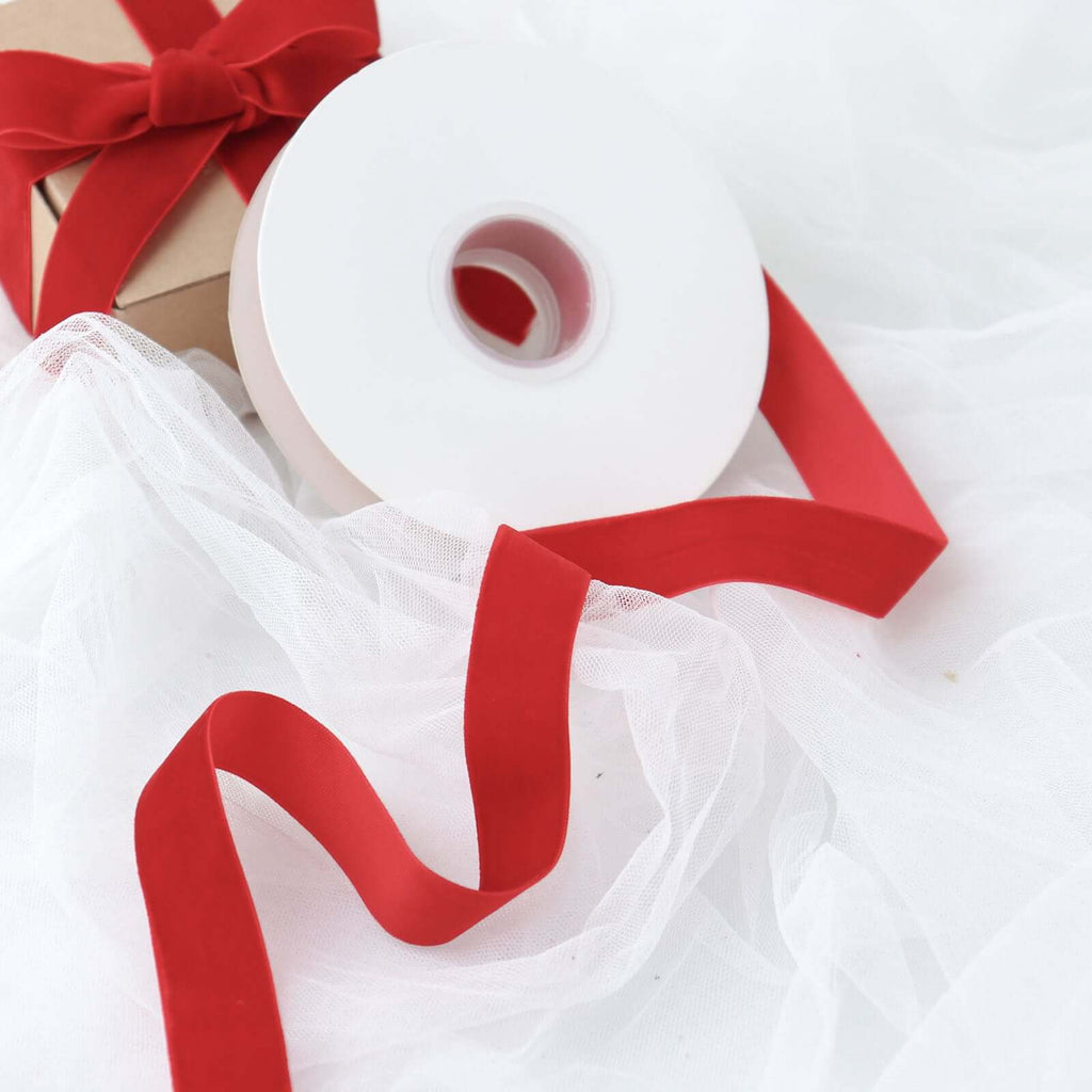 10 Yards Red 1" Velvet Single Faced Ribbon Spool, DIY Craft Supplies, Velvet and Nylon Ribbon Roll - Bell Racket Store