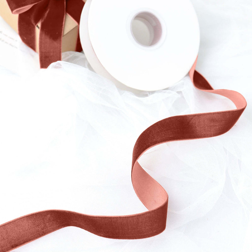 10 Yards Terracotta (Rust) 1" Velvet Single Faced Ribbon Spool, DIY Craft Supplies, Velvet and Nylon Ribbon Roll - Bell Racket Store