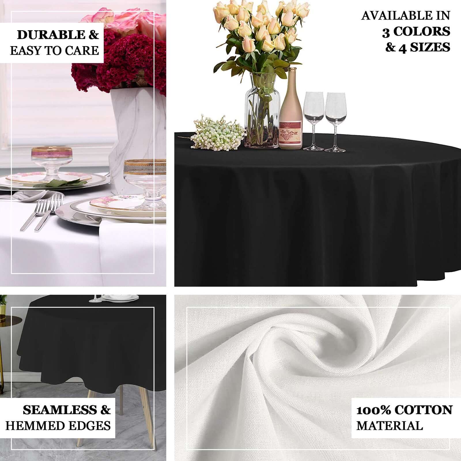 100% Cotton 90" Round Tablecloth Black Linen - Soft & Breathable Table Cover - NestOCart