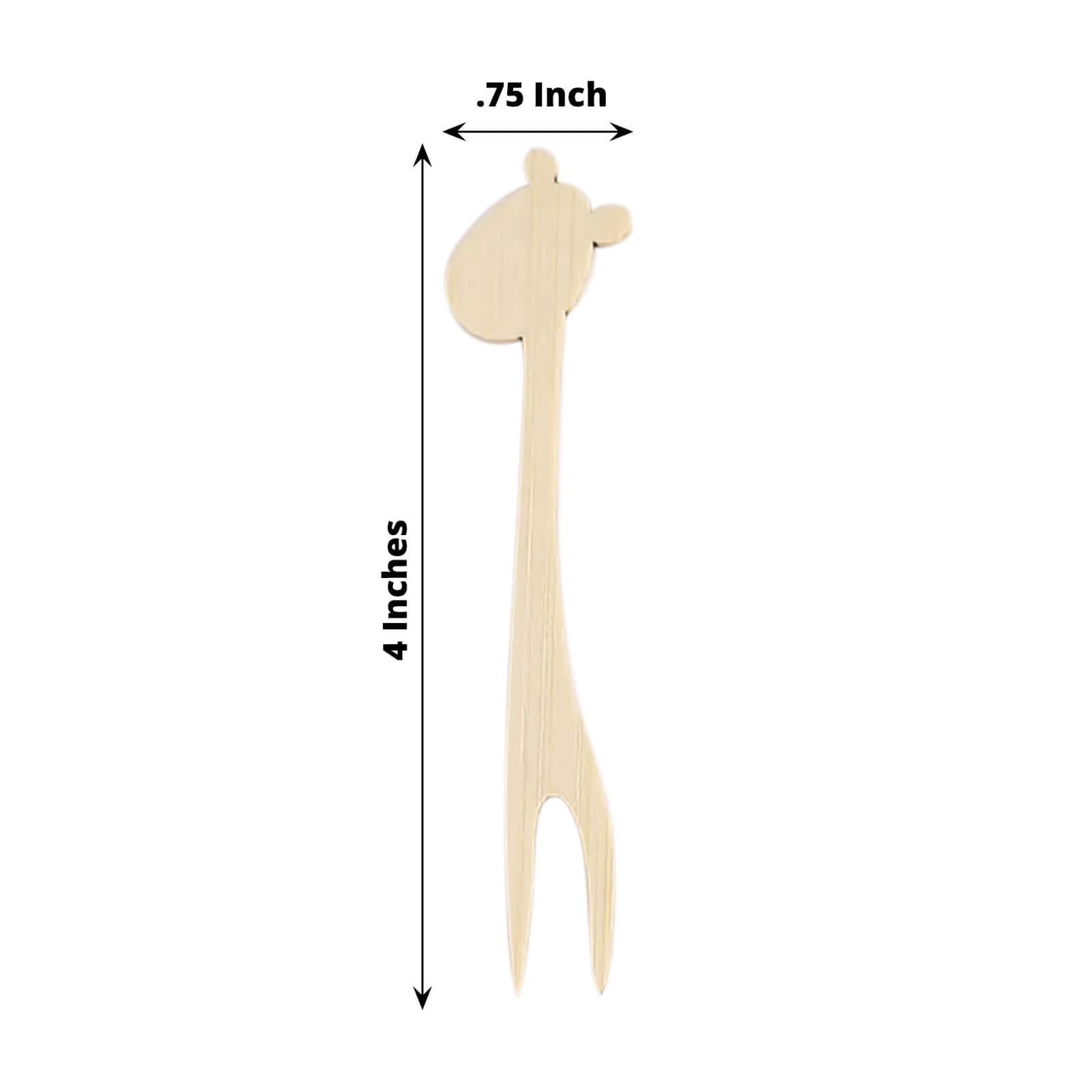 100 - Pack Bamboo Cocktail Picks Giraffe Mini Forks Double Pronged Design Natural - Biodegradable Eco Friendly Party Supplies 4" - Bell Racket Store