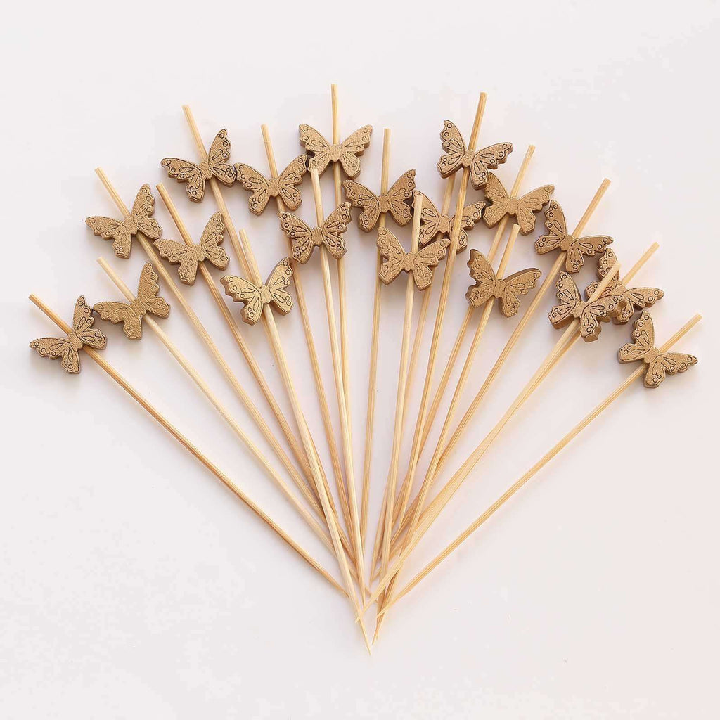 100 - Pack Bamboo Cocktail Sticks Butterfly Design Eco Friendly Natural - Biodegradable Party Picks 5" - Bell Racket Store