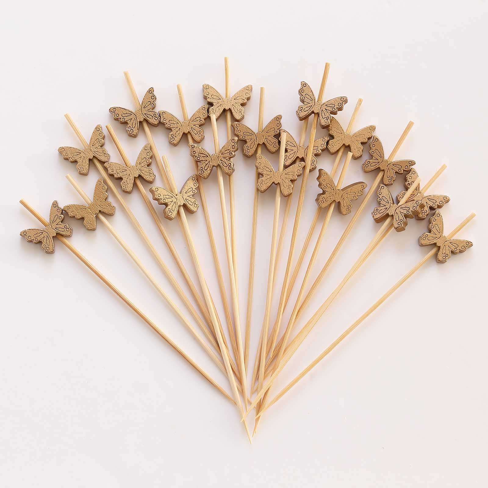 100 - Pack Bamboo Cocktail Sticks Butterfly Design Eco Friendly Natural - Biodegradable Party Picks 5" - Bell Racket Store