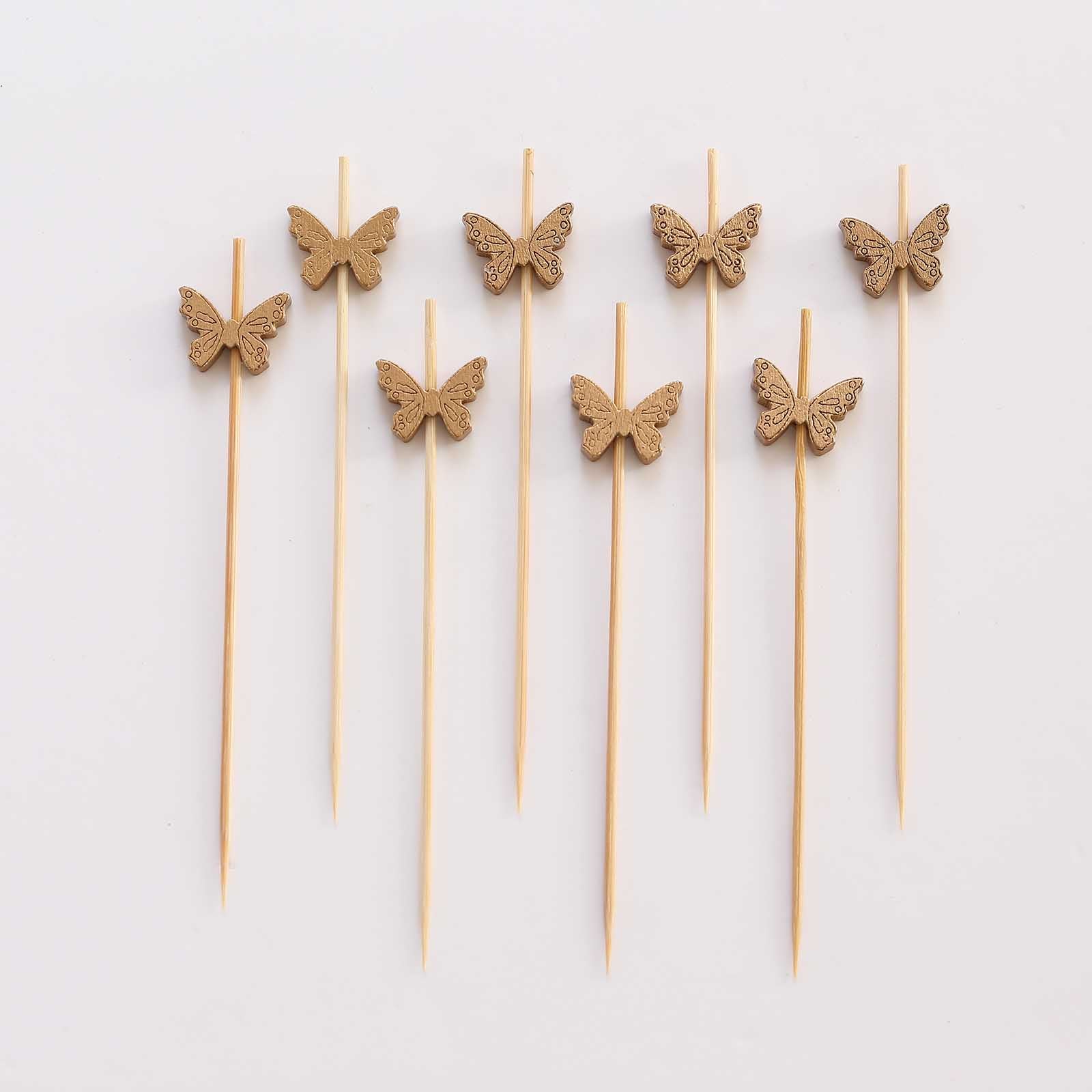 100 - Pack Bamboo Cocktail Sticks Butterfly Design Eco Friendly Natural - Biodegradable Party Picks 5" - Bell Racket Store