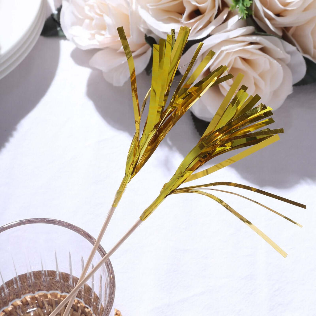 100 - Pack Bamboo Cocktail Sticks Firework Cupcake Toppers Gold - Festive Foil Frills Food Picks 9" - Bell Racket Store