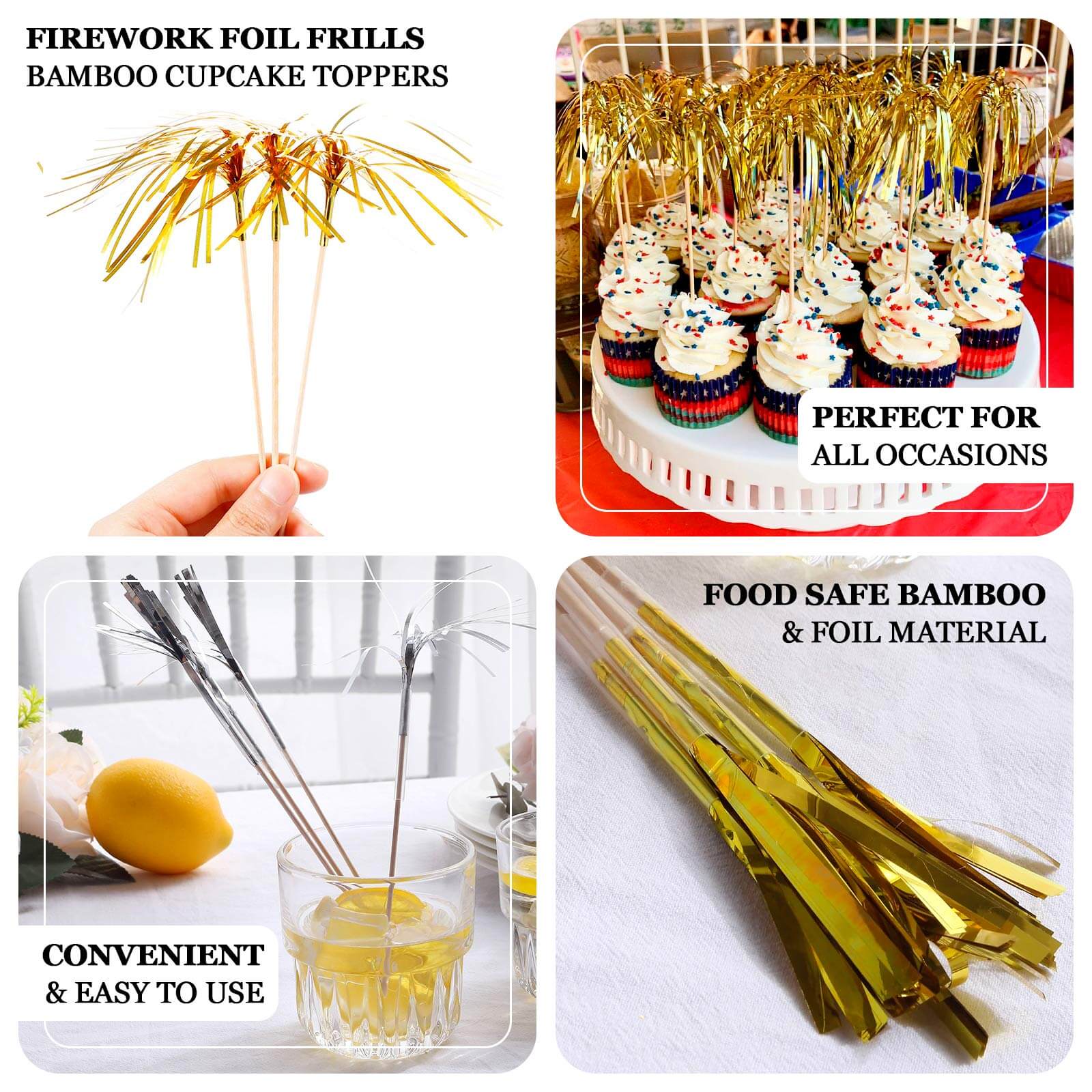 100 - Pack Bamboo Cocktail Sticks Firework Cupcake Toppers Gold - Festive Foil Frills Food Picks 9" - Bell Racket Store