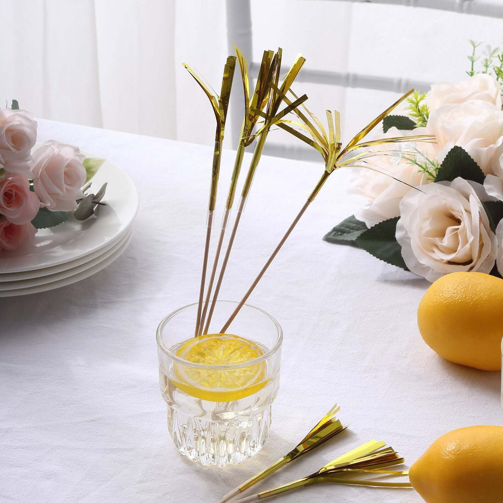 100 - Pack Bamboo Cocktail Sticks Firework Cupcake Toppers Gold - Festive Foil Frills Food Picks 9" - Bell Racket Store