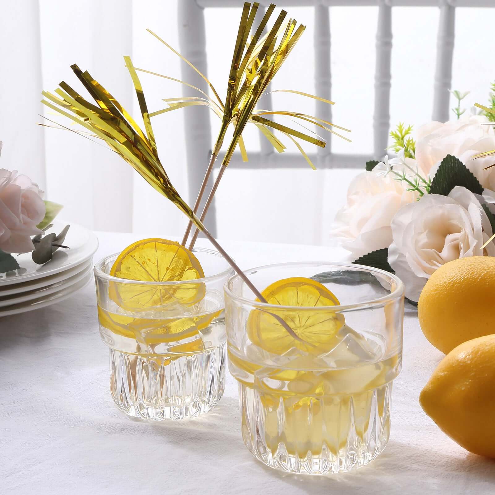 100 - Pack Bamboo Cocktail Sticks Firework Cupcake Toppers Gold - Festive Foil Frills Food Picks 9" - Bell Racket Store