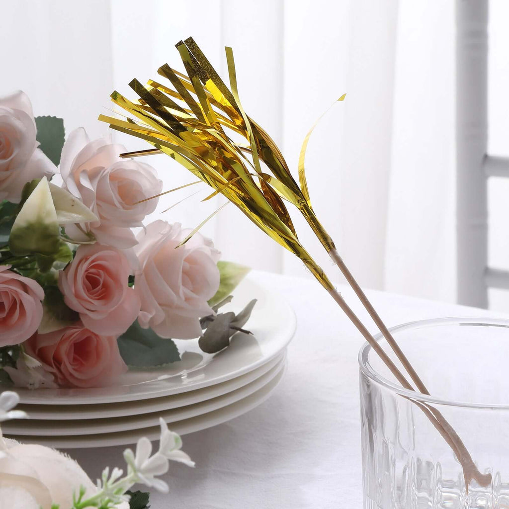 100 - Pack Bamboo Cocktail Sticks Firework Cupcake Toppers Gold - Festive Foil Frills Food Picks 9" - Bell Racket Store