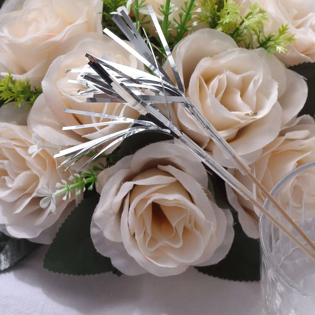 100 - Pack Bamboo Cocktail Sticks Firework Cupcake Toppers Silver - Festive Foil Frills Food Picks 9" - Bell Racket Store