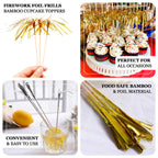 100 - Pack Bamboo Cocktail Sticks Firework Cupcake Toppers Silver - Festive Foil Frills Food Picks 9" - Bell Racket Store