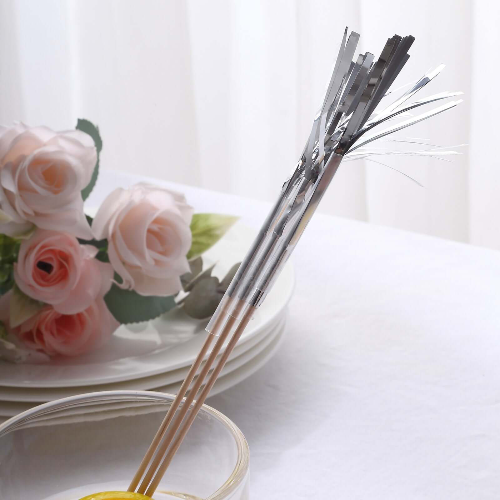 100 - Pack Bamboo Cocktail Sticks Firework Cupcake Toppers Silver - Festive Foil Frills Food Picks 9" - Bell Racket Store