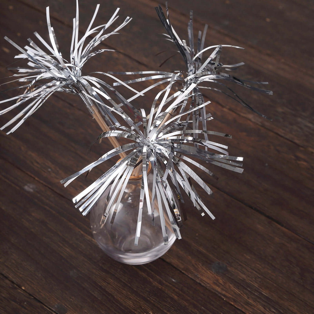 100 - Pack Bamboo Cocktail Sticks Firework Cupcake Toppers Silver - Festive Foil Frills Food Picks 9" - Bell Racket Store