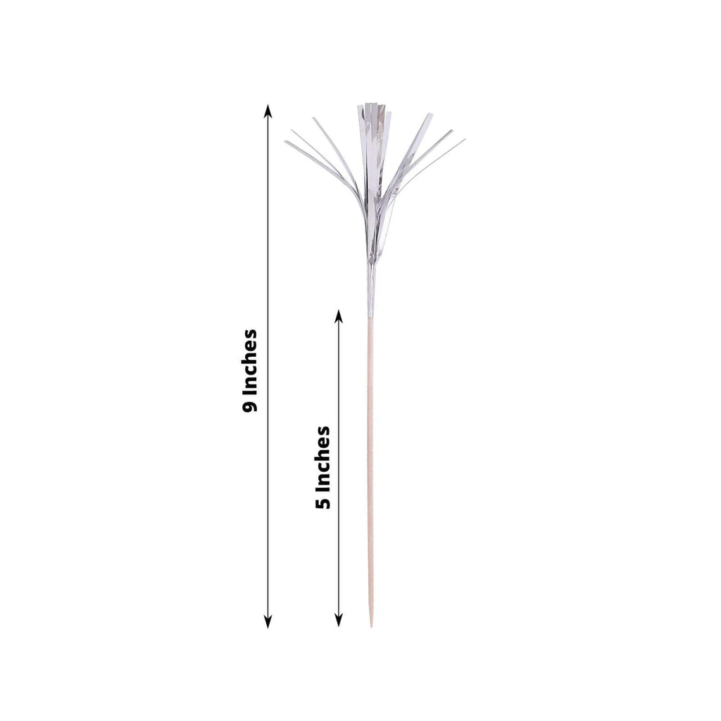 100 - Pack Bamboo Cocktail Sticks Firework Cupcake Toppers Silver - Festive Foil Frills Food Picks 9" - Bell Racket Store