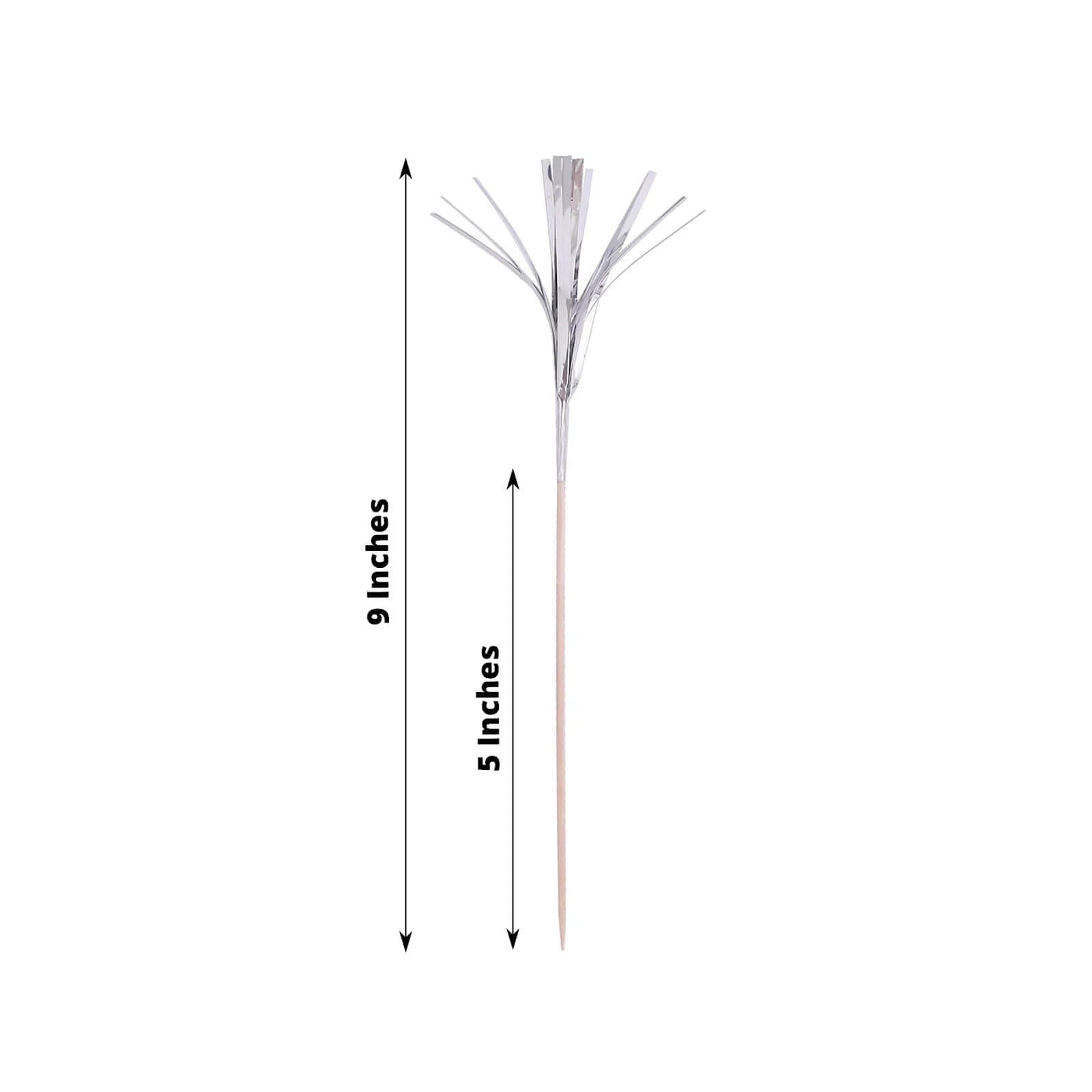 100 - Pack Bamboo Cocktail Sticks Firework Cupcake Toppers Silver - Festive Foil Frills Food Picks 9" - Bell Racket Store