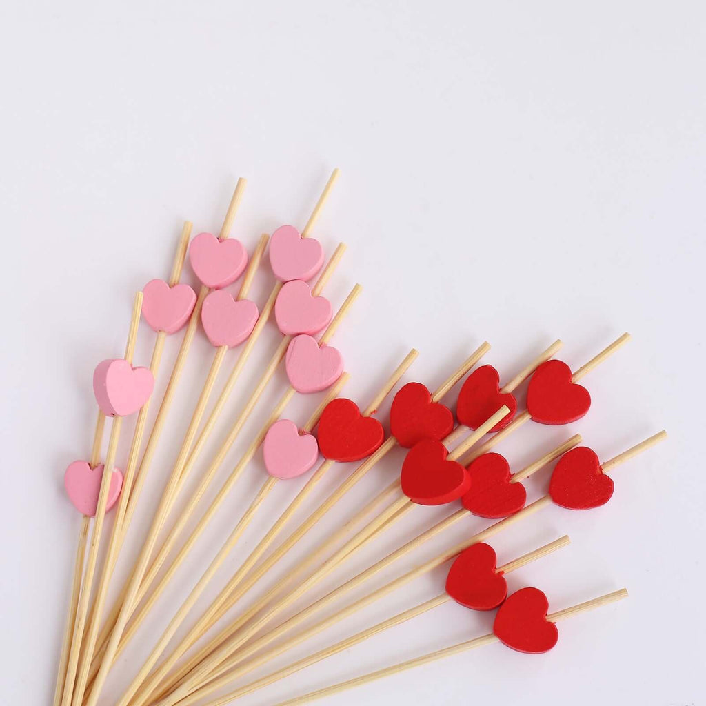 100 - Pack Bamboo Cocktail Sticks Heart Design Eco Friendly Red/Pink - Biodegradable Fruit Appetizer Party Picks 5" - Bell Racket Store