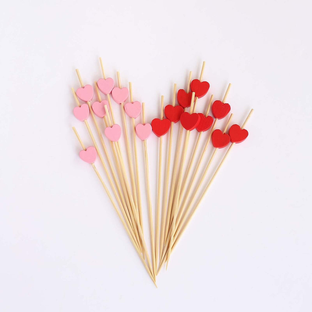 100 - Pack Bamboo Cocktail Sticks Heart Design Eco Friendly Red/Pink - Biodegradable Fruit Appetizer Party Picks 5" - Bell Racket Store