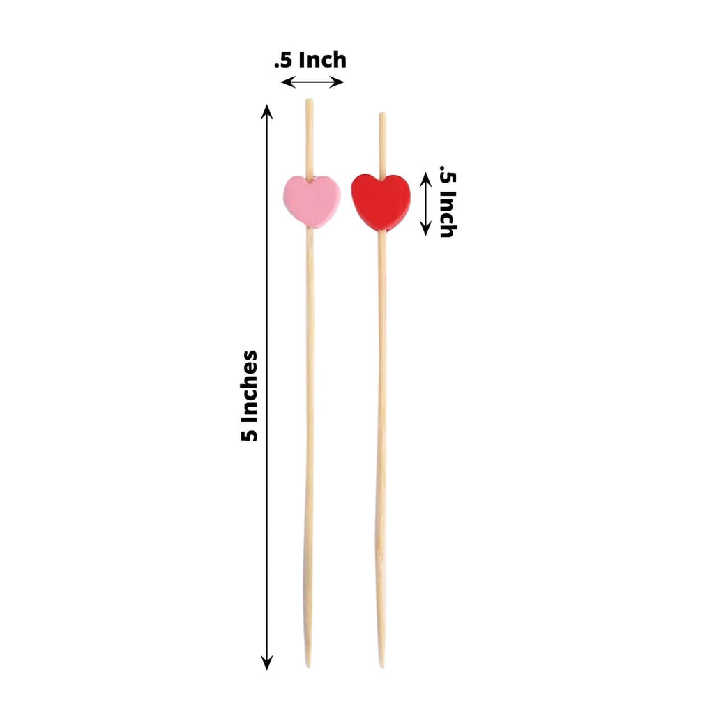100 - Pack Bamboo Cocktail Sticks Heart Design Eco Friendly Red/Pink - Biodegradable Fruit Appetizer Party Picks 5" - Bell Racket Store